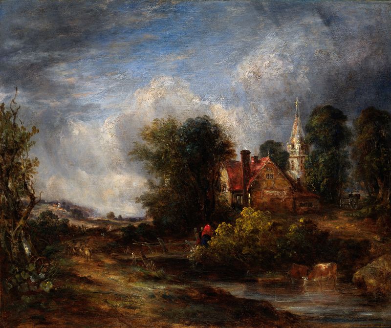 Paisaje rural con una granja desgastada, pintura al óleo de un artista desconocido