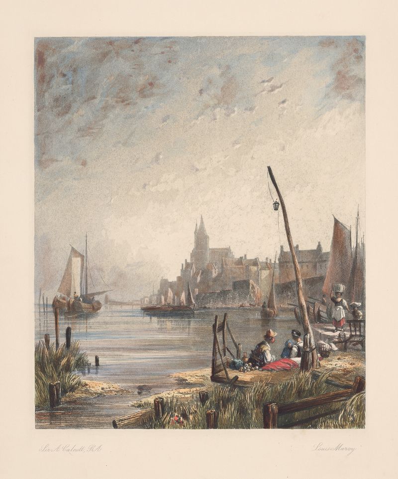 View of Delft de Louis Marvy, óleo sobre tela retratando uma cena tranquila do canal.