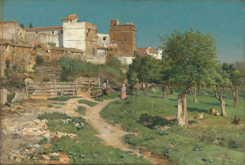 Landscape of Sevilla in soft pastels, oil on canvas by Christian Skredsvig