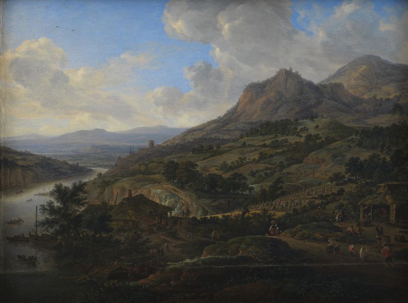 Wine Harvest at the Rhine by Herman Saftleven, oil painting depicting grapevines and a river