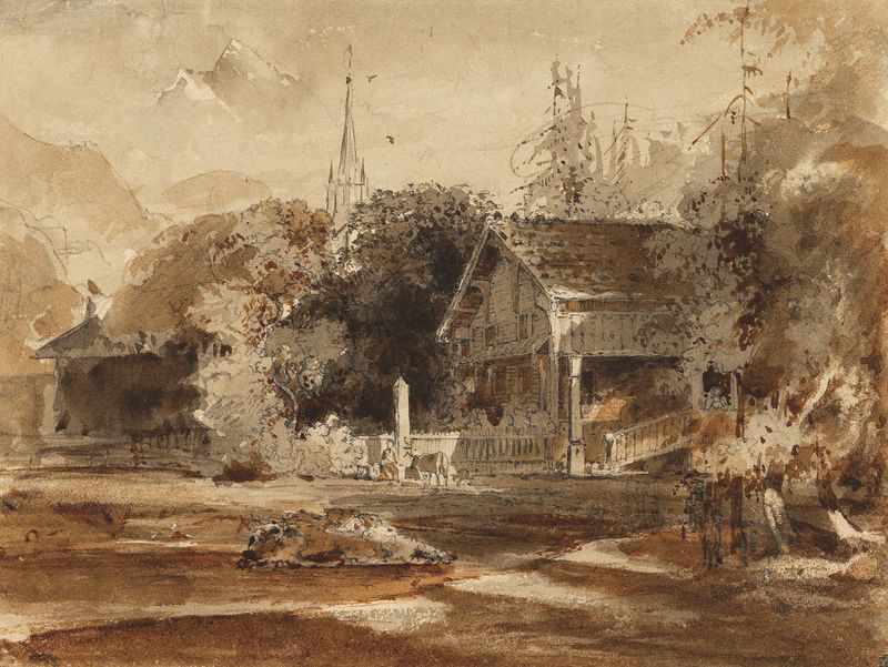 Landscape depicting a Swiss village with mountains and fields, oil painting by Friedrich Salathé.