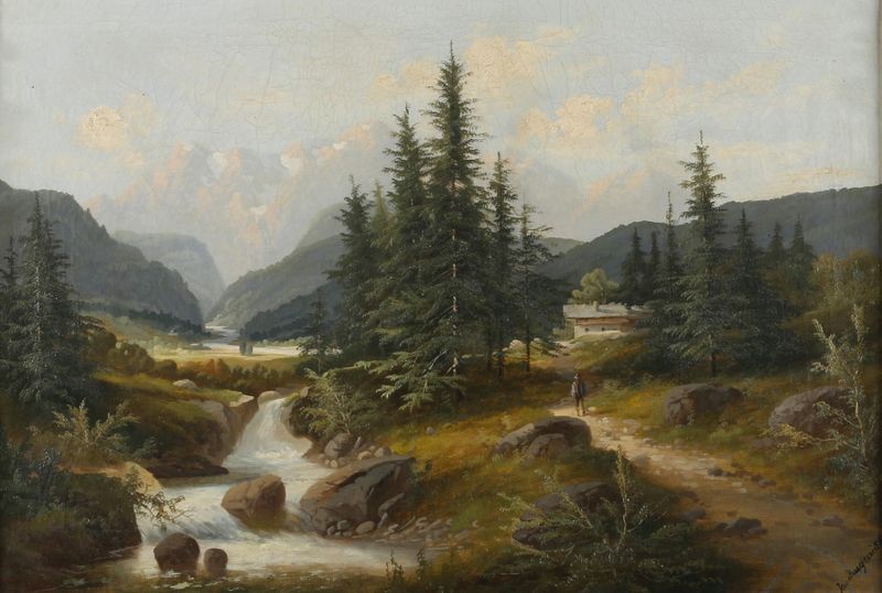 Landscape by Josef Burgaritzky, depicting dusk with soft hues.