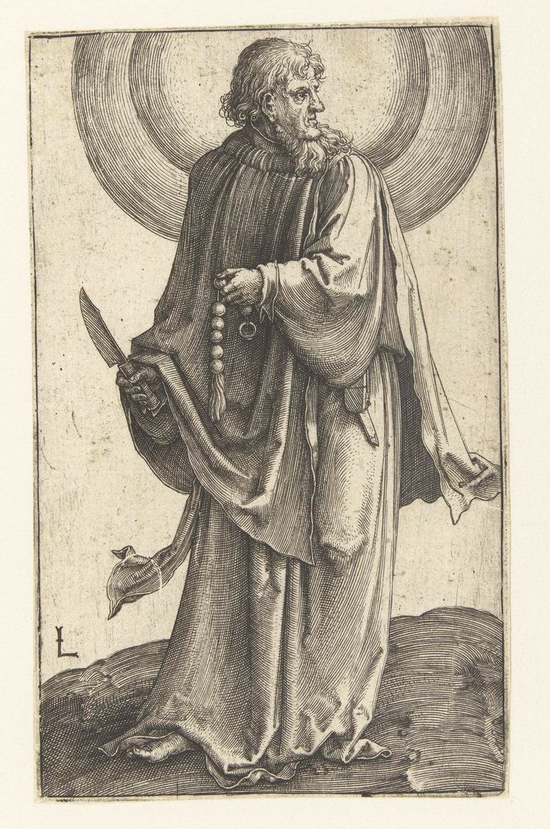 Grabado de Lucas van Leyden que muestra la expresión serena de Bartolomé y luz suave
