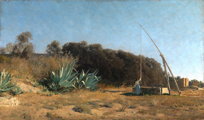 Coastal landscape with sunlight on water, oil on canvas by Max Wilhelm Roman