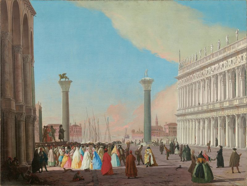 Genre scene of a crowd watching a Commedia dell’arte performance, oil on canvas by Johann Richter