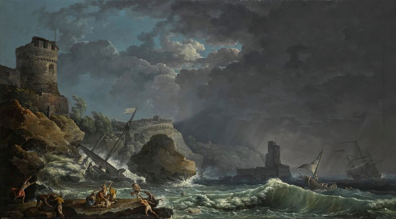 A Storm Off A Rocky Coast by Carlo Bonavia, oil painting depicting tumultuous waves and a luminous sky.