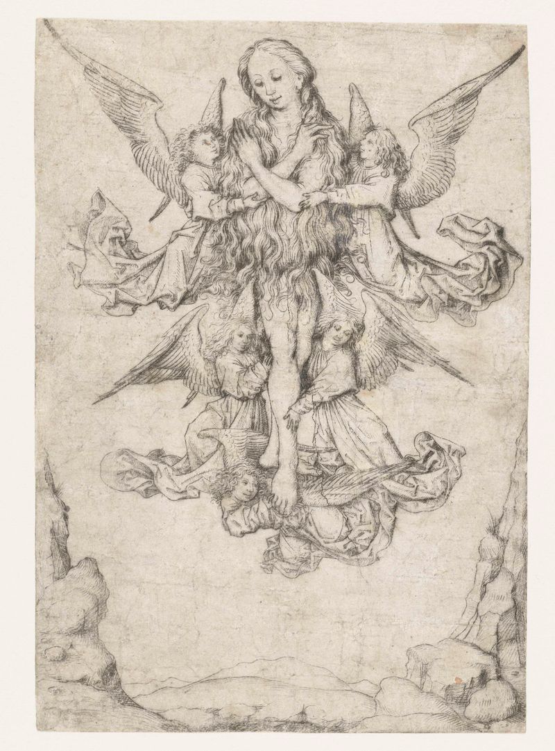 Grabado de Meester van het Amsterdamse Kabinet que representa a María Magdalena con cinco ángeles