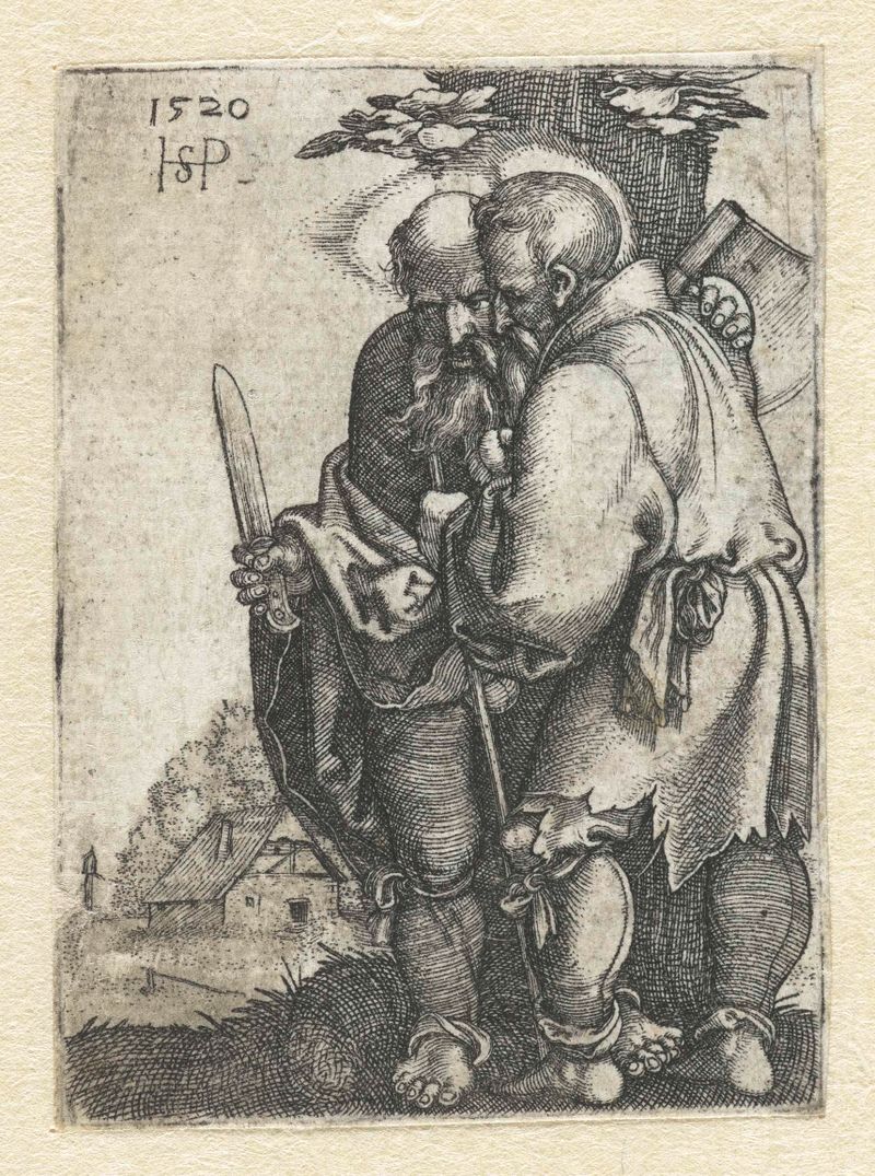 Gravura de Hans Sebald Beham representando Bartolomeüs e Mattias em uma cena religiosa