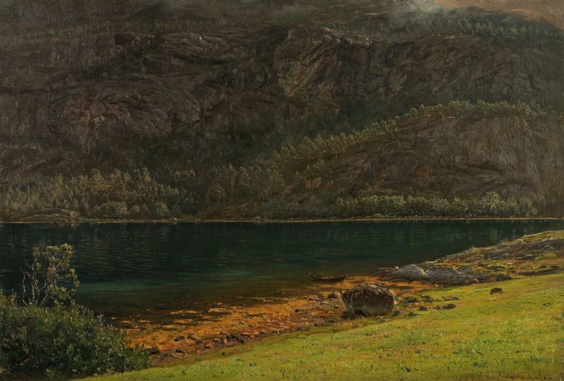 Fjellvegg, Terøen de Amaldus Nielsen, retratando uma face de penhasco sob um céu azul, meio desconhecido