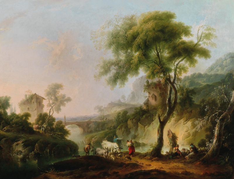 A Mediterranean landscape with shepherds and their flock, oil painting by Michael Wutky