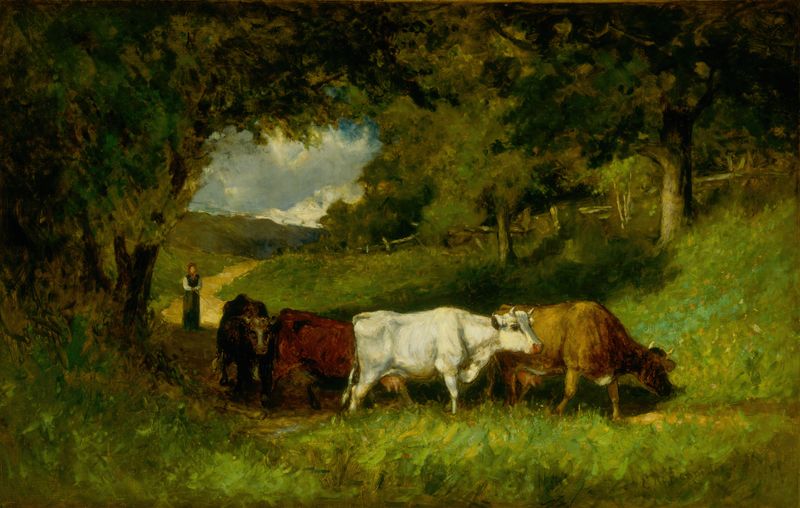 Driving Home the Cows, pintura al óleo de Edward Mitchell Bannister, que muestra vacas en un paisaje al atardecer.