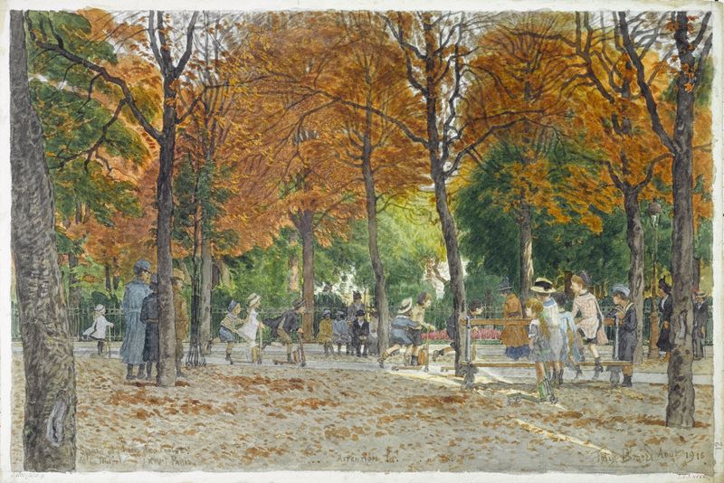 Paisagem que mostra arquitetura urbana e folhagem de Félix Brard, pintura a óleo