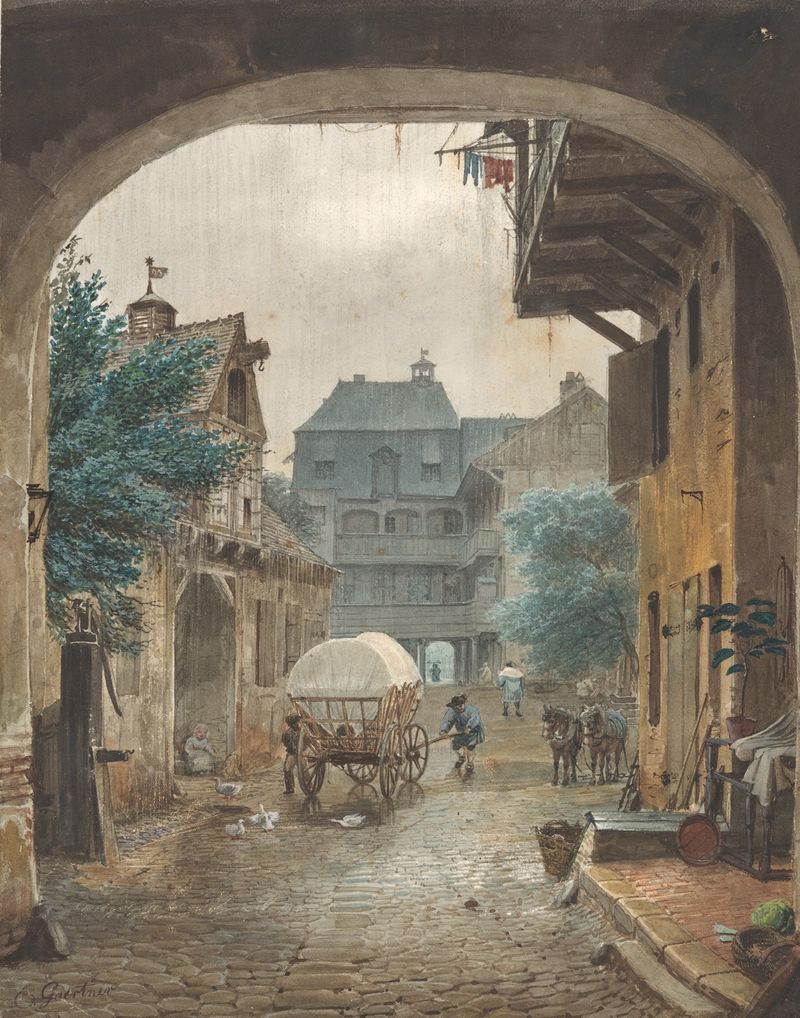 Interior scene of a courtyard at an inn, oil painting by Eduard Gaertner