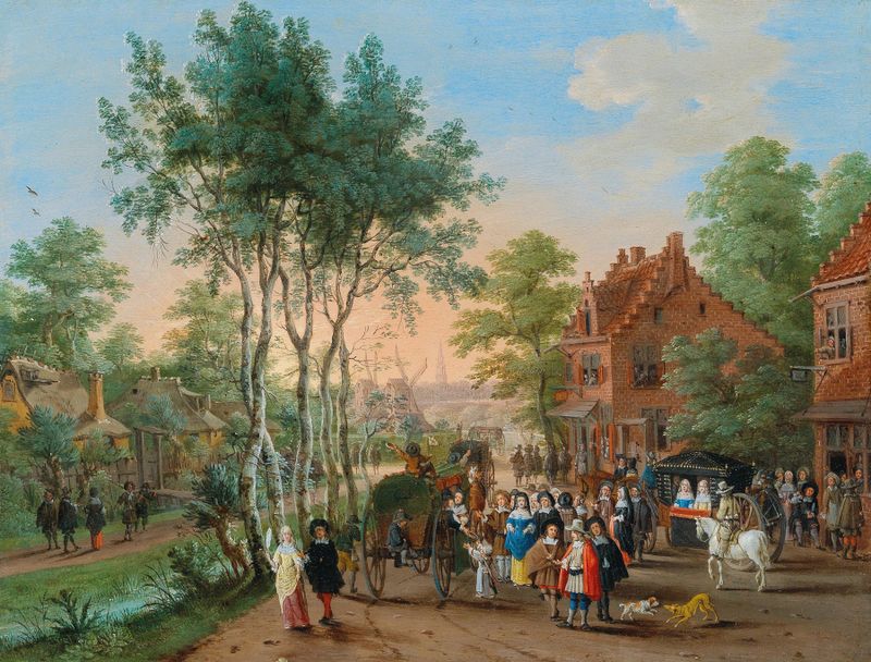 Elegant travelers by a river in an oil painting by Peeter Gysels
