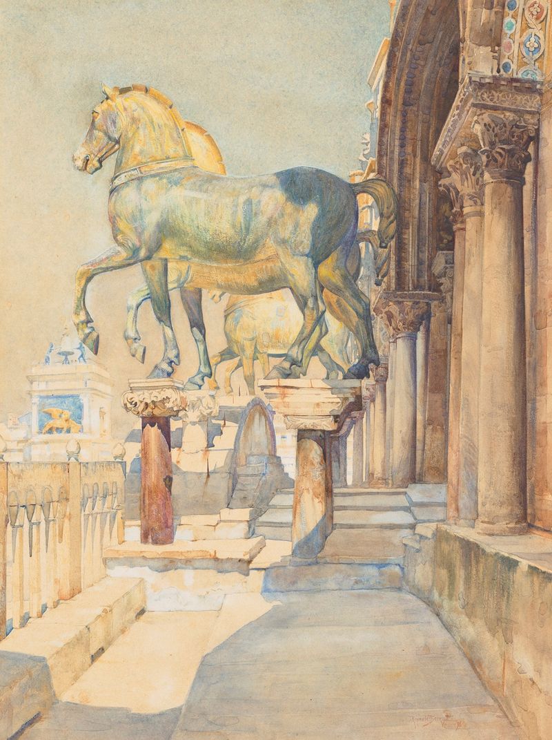 The Horses of St. Marks by Reginald Barratt, oil painting depicting horses in Venice.