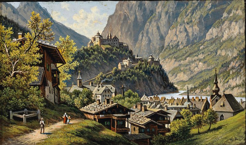 A View of Werfen by Hubert Sattler, Romanticism landscape, depicting mountains and clouds.