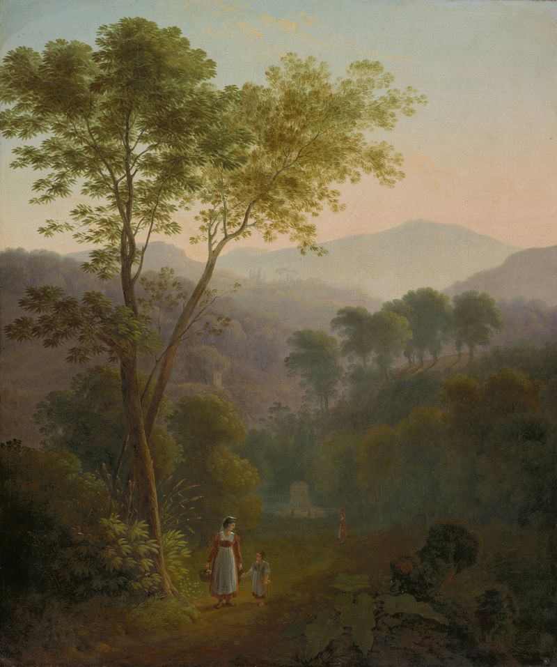 Italian landscape featuring women at a fountain, oil on canvas by Samuel Birmann