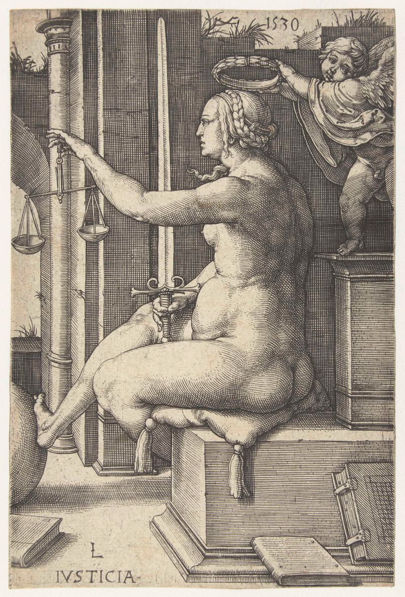 Grabado de Lucas van Leyden, 1530, que representa la Justicia con balanzas equilibradas y luz suave.