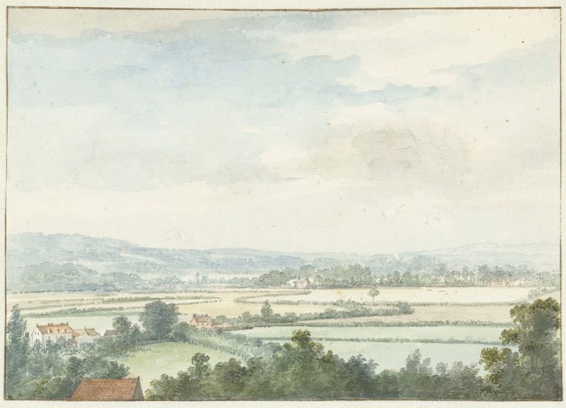 Landschap bij Windsor de Aert Schouman, obra de paisagem que retrata árvores e um horizonte pastel.
