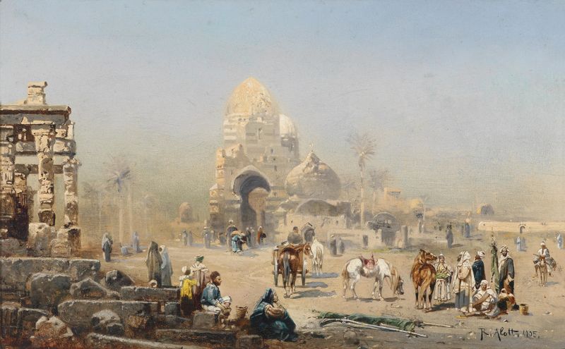 Orientalische Straßenszene by Robert Alott, oil on canvas depicting a lively market with figures.
