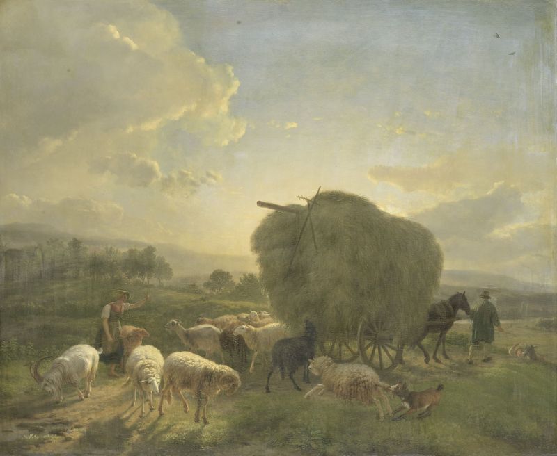 Landscape with sheep and a hay wagon, oil on canvas by Balthasar Paul Ommeganck