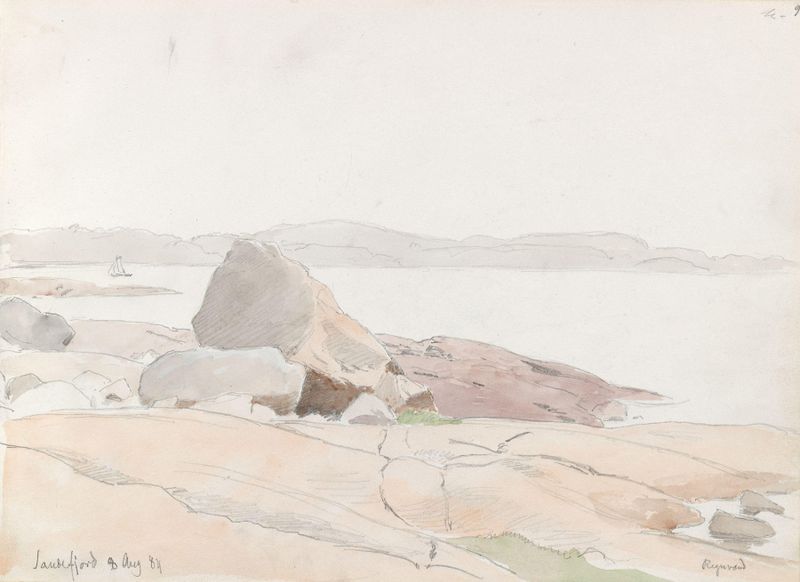 Fra Sandefjord de Hans Gude, óleo sobre lienzo que representa una tranquila costa al atardecer