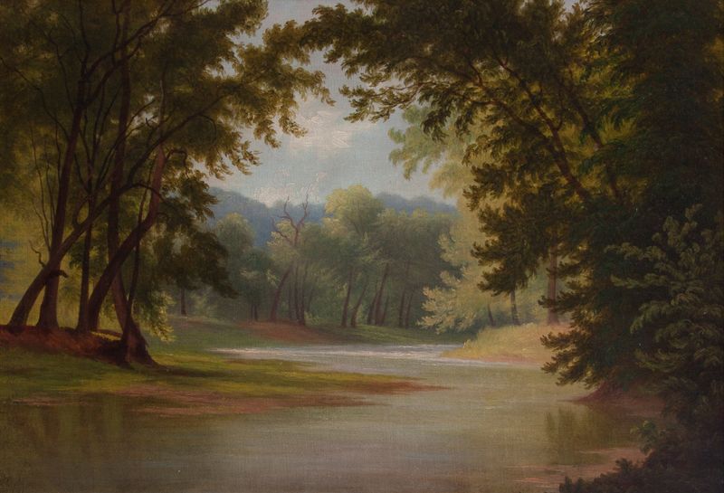 Landscape oil painting by Godfrey Frankenstein depicting lush foliage and dappled sunlight.