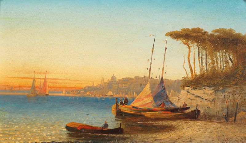 Coastal landscape by Adolf Kaufmann, oil on canvas, showcasing light on water.
