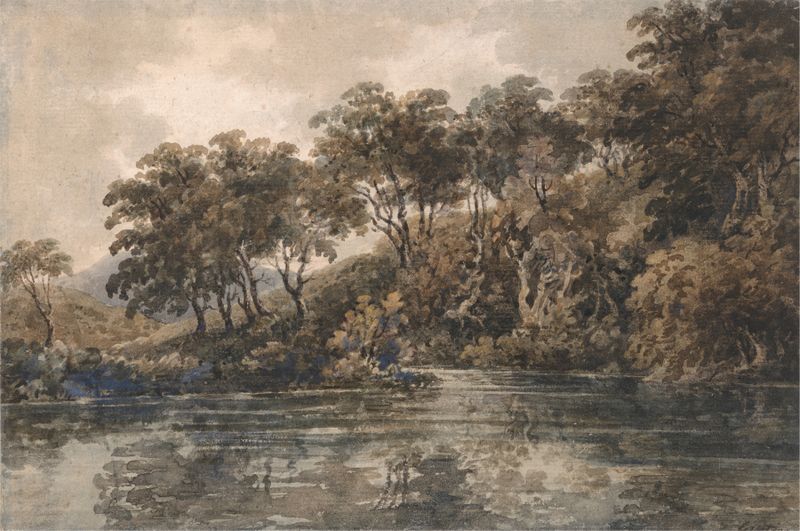 Árvores e Lago perto de Bromley, Kent de Thomas Girtin, pintura a óleo que retrata um lago tranquilo e árvores.