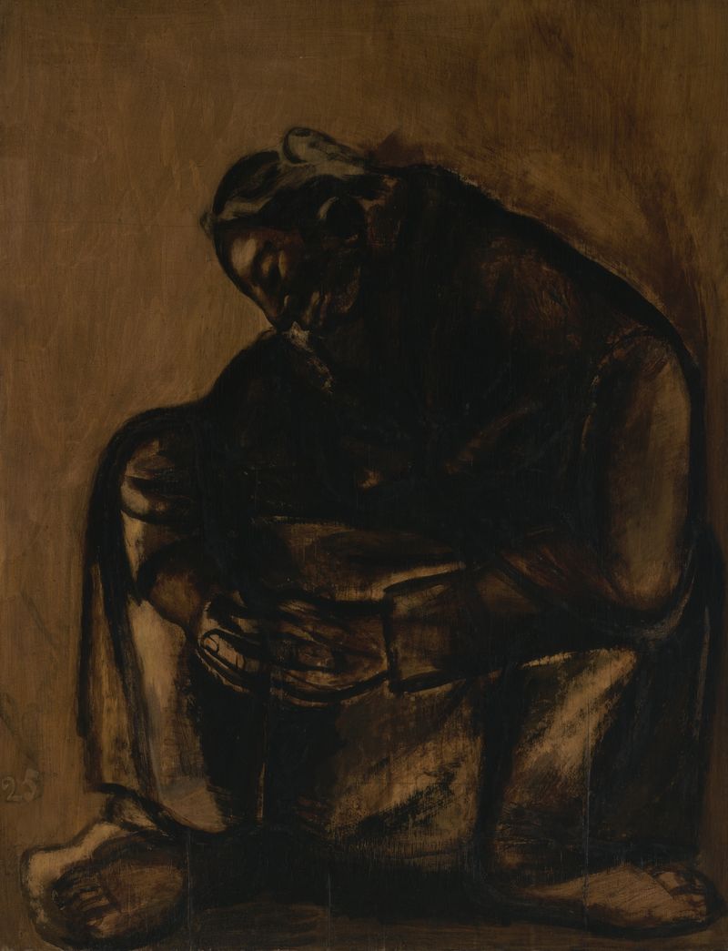 Mujer en Oración, óleo sobre lienzo de Constant Permeke, que representa una figura solitaria en oración.