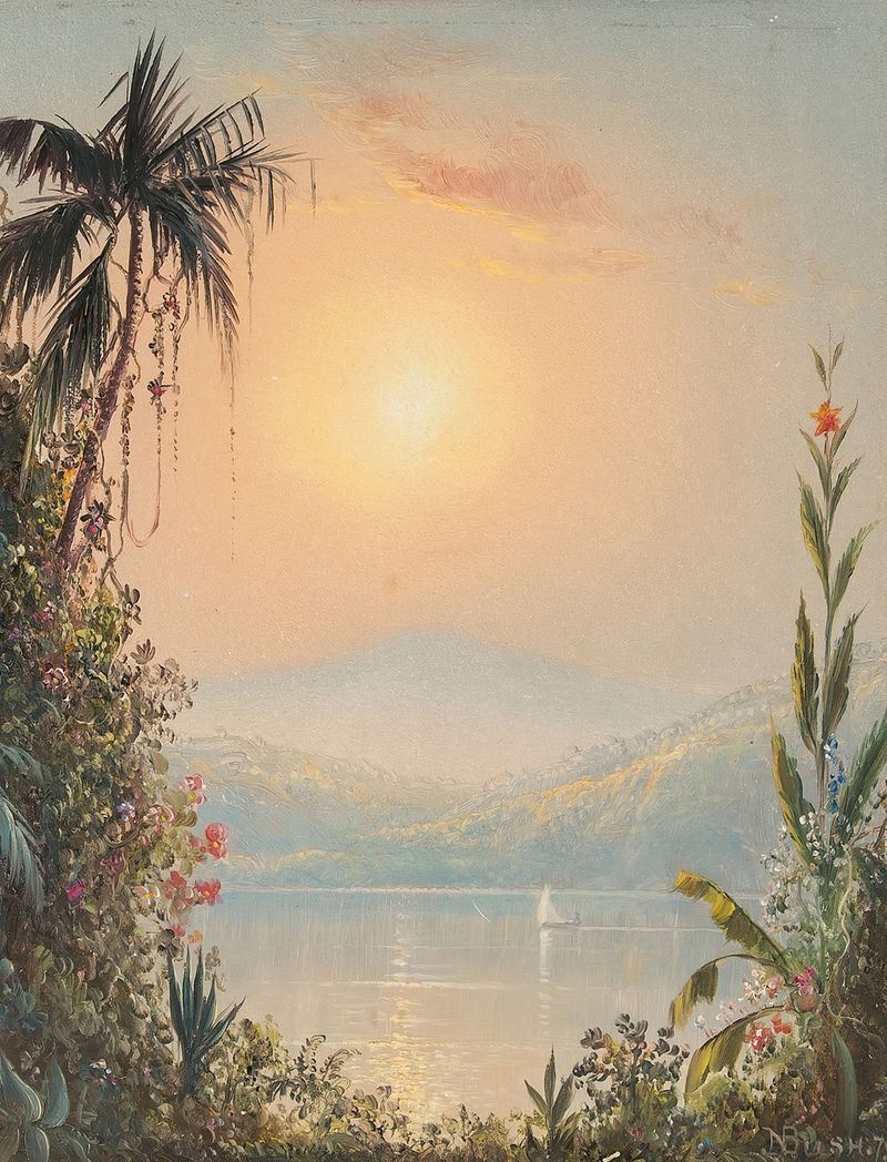 Oil painting by Norton Bush depicting a tropical marine scene with sunlight and waves.