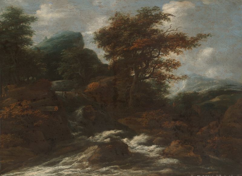 Landscape with Waterfalls by Jacob Salomonsz. van Ruysdael, oil painting depicting a serene waterfall and forest.