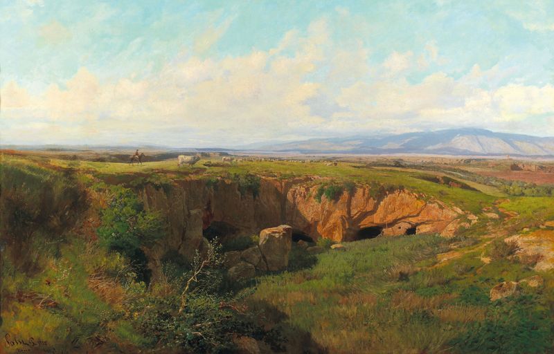 Paisagem da Campagna Romana com pastor, óleo sobre tela de Pietro Sassi
