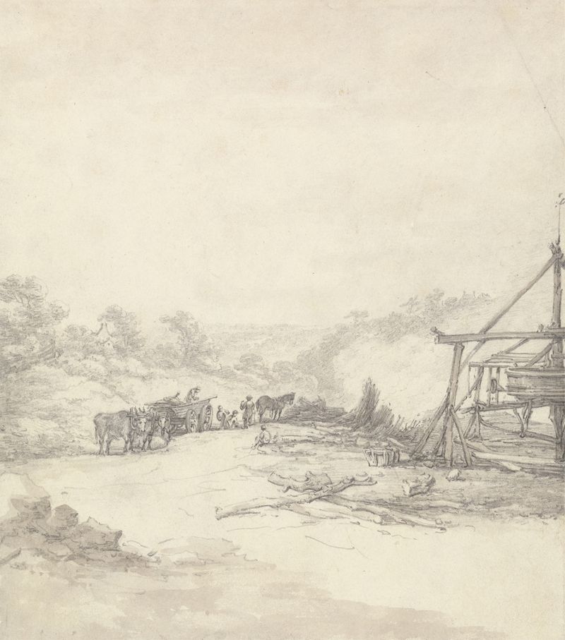 Oil on canvas by Thomas Hearne showing unloading pit props in a landscape.