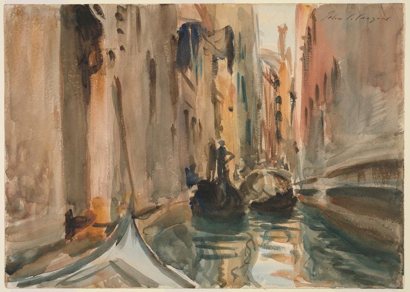 Rio di San Salvatore, óleo sobre tela de John Singer Sargent, retratando um tranquilo canal veneziano ao crepúsculo.