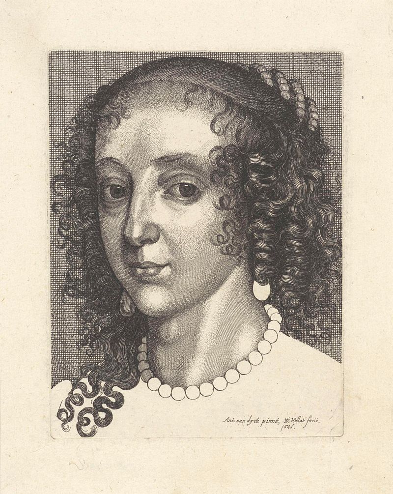 Portret van Maria Henriëtte Stuart, gravura de Wenceslaus Hollar, apresentando o rosto suave de uma nobre.