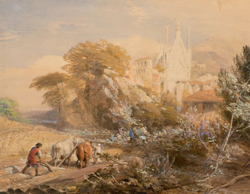Campo de colheita e mosteiro de La Vocatella, óleo sobre tela de Samuel Palmer