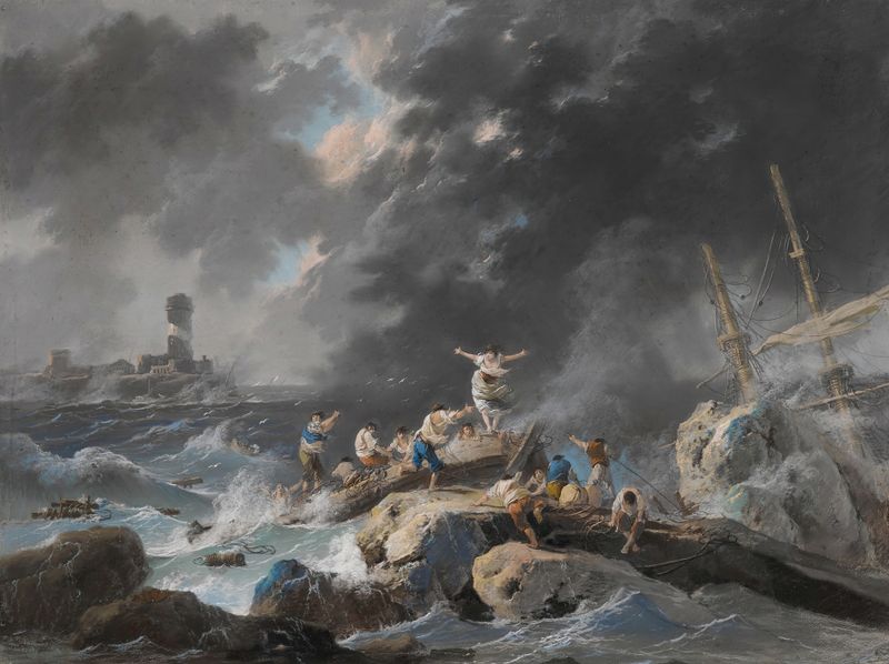 Un naufragio durante una tormenta, pintura al óleo de Jean-Baptiste Pillement