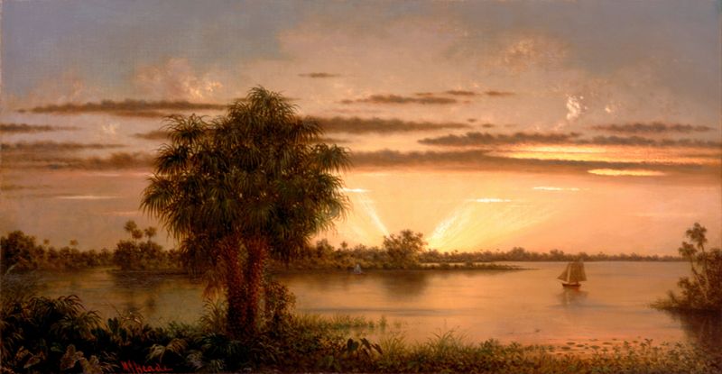 Florida Sunrise de Martin Johnson Heade, óleo sobre lienzo que representa un paisaje tranquilo al amanecer.