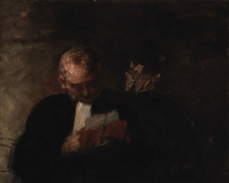 Two lawyers in dark attire, oil on panel by Honoré-Victorin Daumier