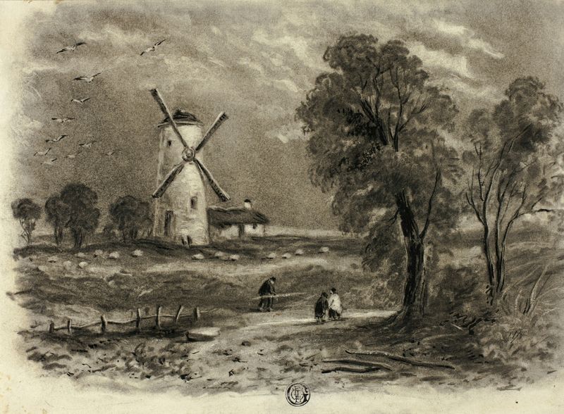 Paisagem com moinho de vento de Elizabeth Murray, acrílico sobre tela, retrata um moinho sob um céu tempestuoso.