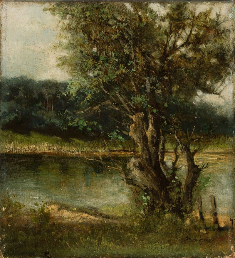 Tree at waterside by Marie Ibsen Jensen, oil painting depicting a lone tree by the water.