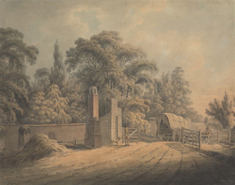Watercolour by Thomas Hearne depicting a tranquil landscape with a road and foliage.