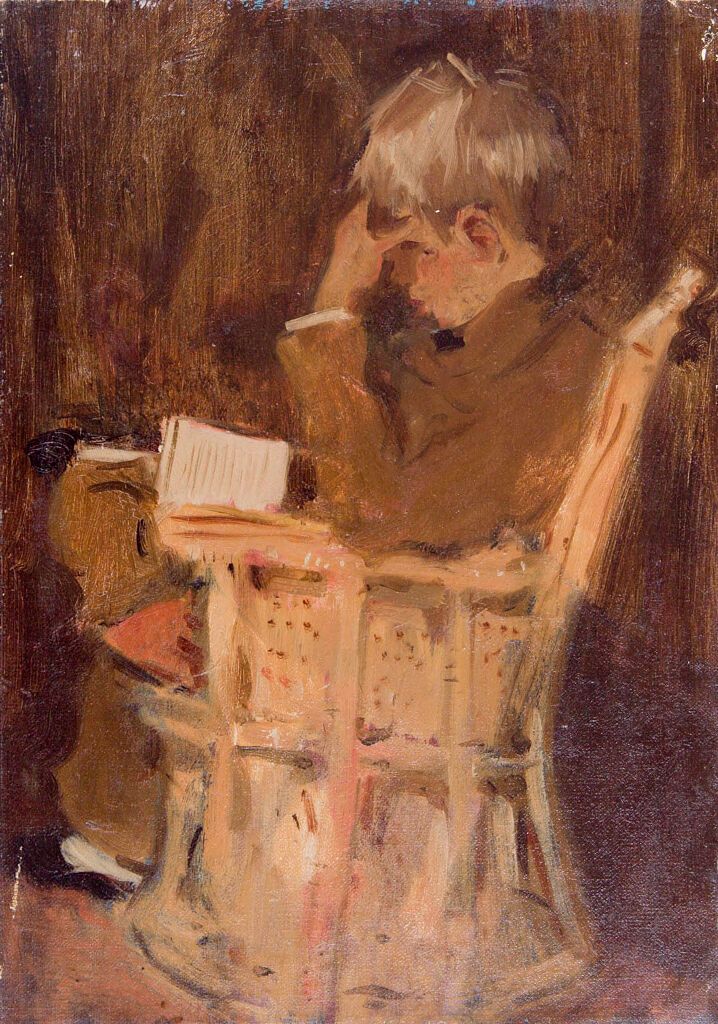 Retrato de un joven sentado leyendo, óleo sobre lienzo de Denman Waldo Ross