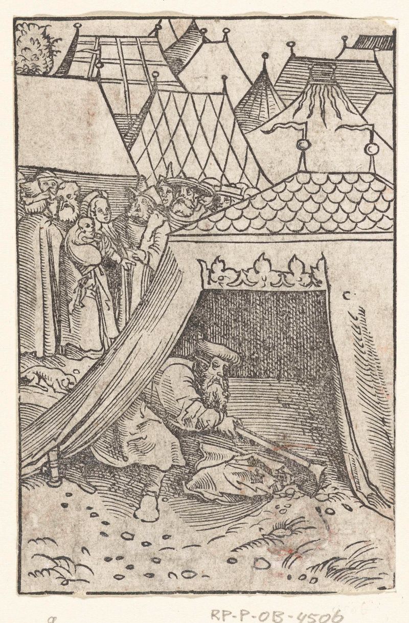 Achan begraaft mantel en geld in grond onder zijn tent, papel de Lucas Cranach