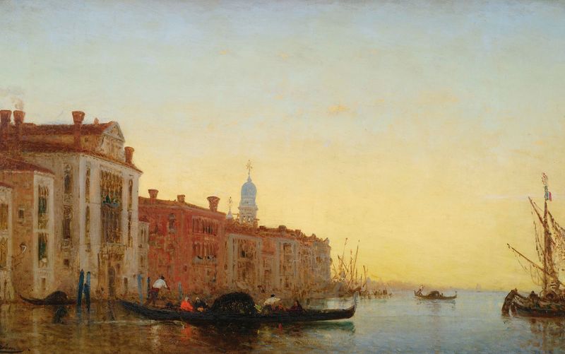 Gondole Traversant L’entrée Du Grand Canal by Félix Ziem, oil on canvas depicting a gondola on water.