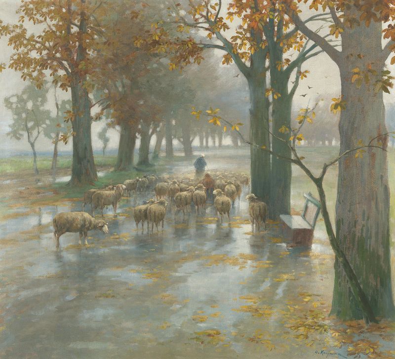 Flock of sheep with shepherdess on a rainy day, oil on canvas by Adolf Kaufmann