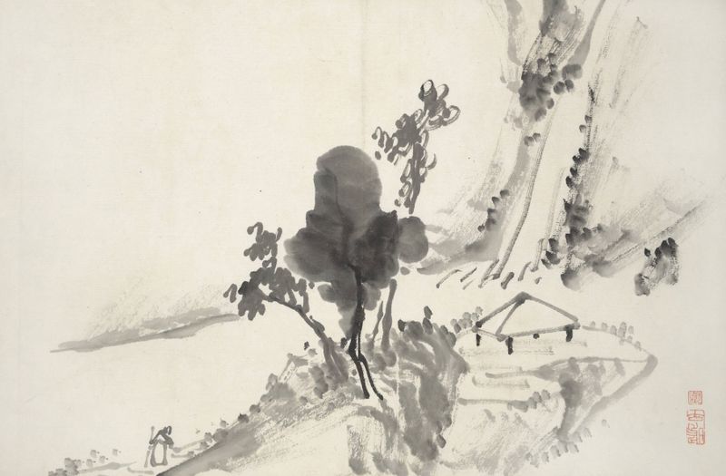 Ink on paper landscape by Hine Taizan, Album of Fifteen Ink Paintings Pl.08