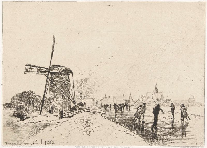 Grabado de Johan Barthold Jongkind que muestra un paisaje de río tranquilo al amanecer