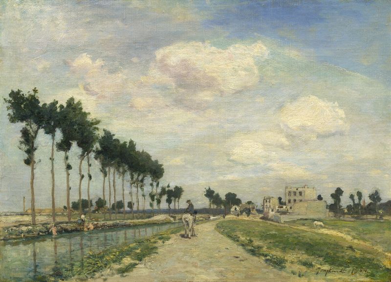 Paisagem de uma margem de rio com reflexos, pintura a óleo de Johan Barthold Jongkind